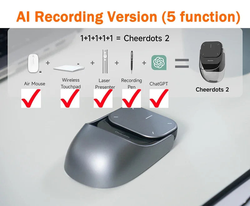 CheerTok Cheerdots2 Wireless Touchpad All-in-one Pocket AirMouse AI Recording ChatGPT Enabled Mouse Presenter Smart Phone Remote
