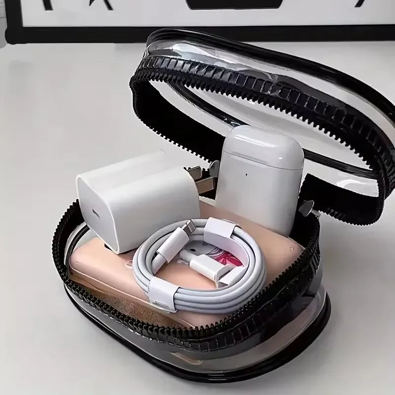 Portable Mini Clear Zipper Storage Bag - Space-Saving Cable Organizer for Earphones Chargers Versatile with Handy Keychain Loop